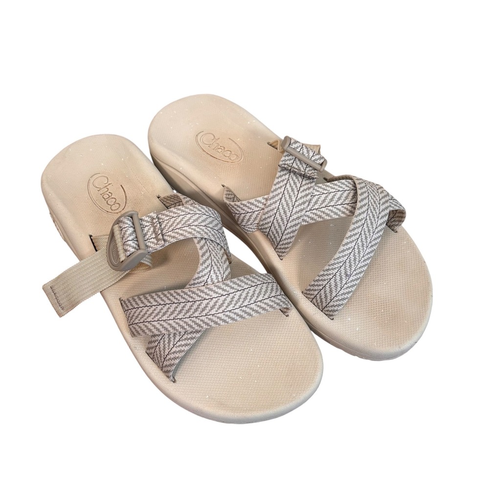 Chaco Chillos Slide Sandal Womens 11 Tan Beige Chevron Adjustable Straps J106592